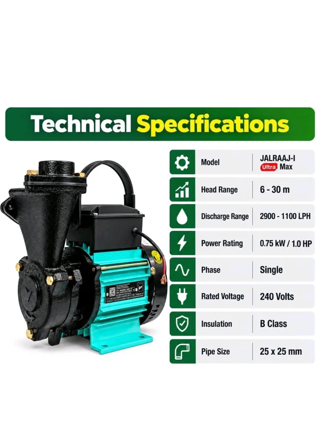 Kirloskar Jalraaj ultra max 1 HP Single Phase Self Priming Pumpset|Residential Water pump 1HP| Pure Copper Winding|1 year warranty