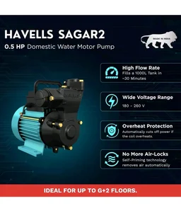 Havells Monoblock Water Motor Pump SAGAR2 (0.5 HP) | Copper Winding, High Flow Rate, 180-260 V Range | Overheat Protection, Durable | For Home, Apartment | 1 Yr Warranty, Half (1/2) HP