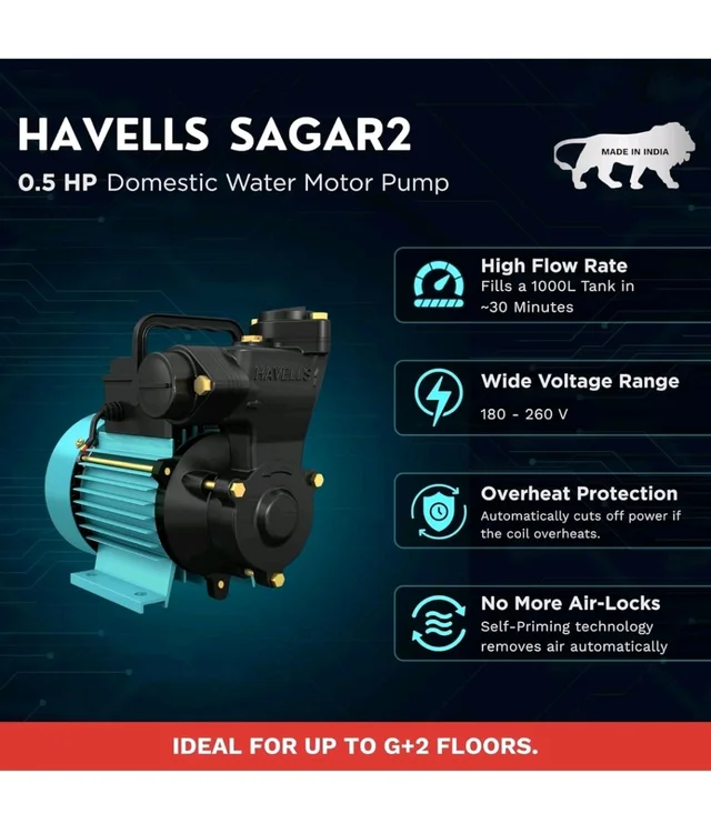 Havells Monoblock Water Motor Pump SAGAR2 (0.5 HP) | Copper Winding, High Flow Rate, 180-260 V Range | Overheat Protection, Durable | For Home, Apartment | 1 Yr Warranty, Half (1/2) HP