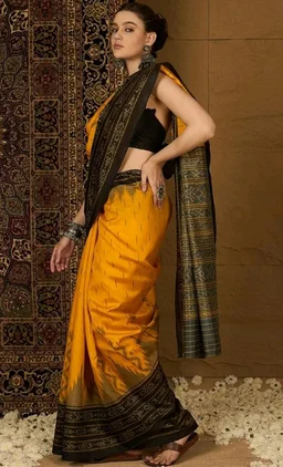 SAREE MALL Women's Bhagalpuri Silk Ikat Printed Saree With Unstitched Blouse (34WOM34901_HS_Parent)