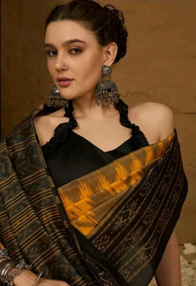 SAREE MALL Women's Bhagalpuri Silk Ikat Printed Saree With Unstitched Blouse (34WOM34901_HS_Parent)
