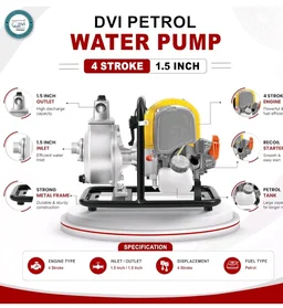 DVI 3 HP 97CC PORTABLE 1.5INCH WATER PUMP 4 STROKE ADVANCED TECHNOLOGY PETROL ENGINE USED FOR AGRICULTURE, HOME, COMMERCIAL, HIGH RISE BUILDINGS, PROCESS INDUSTRIES, GARDENS ETC