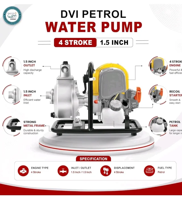 DVI 3 HP 97CC PORTABLE 1.5INCH WATER PUMP 4 STROKE ADVANCED TECHNOLOGY PETROL ENGINE USED FOR AGRICULTURE, HOME, COMMERCIAL, HIGH RISE BUILDINGS, PROCESS INDUSTRIES, GARDENS ETC