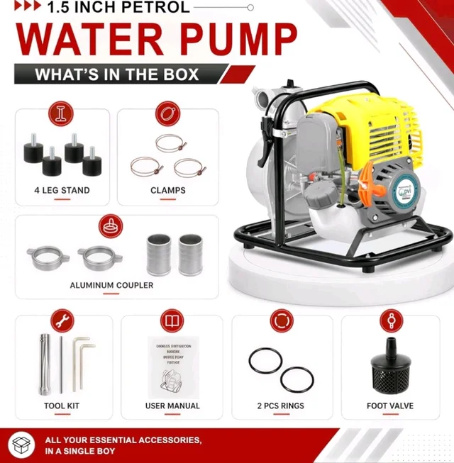 DVI 3 HP 97CC PORTABLE 1.5INCH WATER PUMP 4 STROKE ADVANCED TECHNOLOGY PETROL ENGINE USED FOR AGRICULTURE, HOME, COMMERCIAL, HIGH RISE BUILDINGS, PROCESS INDUSTRIES, GARDENS ETC