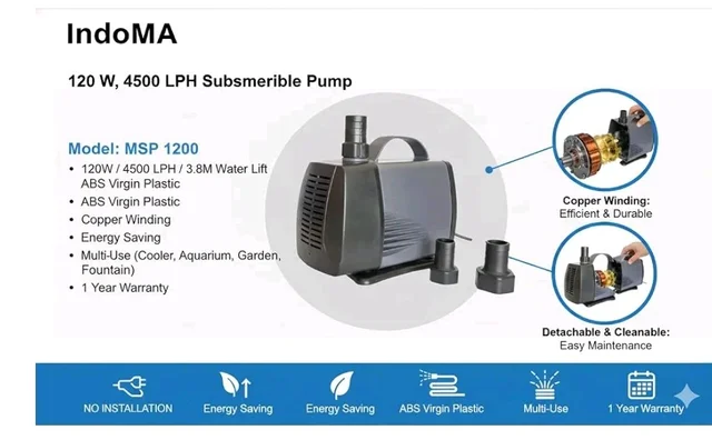 INDOMA | 120 W, 4500 LPH | 3.8 M Water Lift | Submersible Pump |Air Cooler, Aquarium, Garden & Fountain| 1 Year Warranty | MSP 1200 | Brand:LittelPump