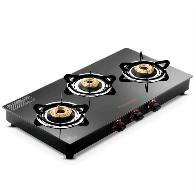 Butterfly Rapid 3 Burner Glass Top Gas Stove | Auto Ignition | Scratch Resistant Toughened Glass | Brass Burners | Skid-proof Legs | 1 Year Manufacturer's Warranty | Black