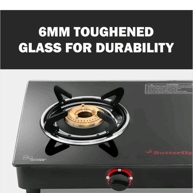 Butterfly Rapid 3 Burner Glass Top Gas Stove | Auto Ignition | Scratch Resistant Toughened Glass | Brass Burners | Skid-proof Legs | 1 Year Manufacturer's Warranty | Black