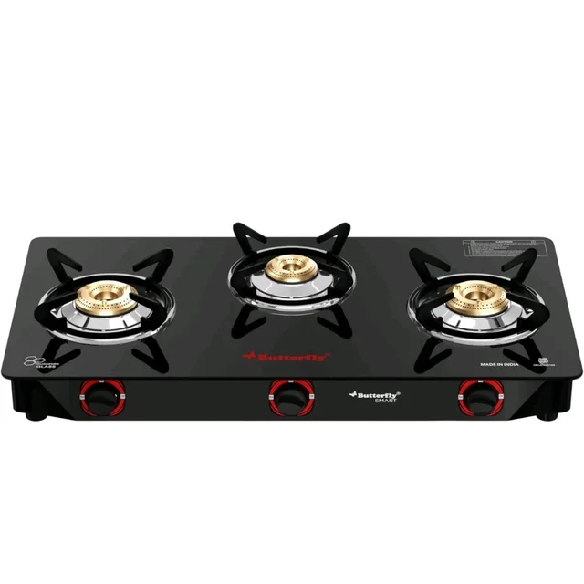 Butterfly Smart 3 Burner Glass Top Gas Stove | Manual Ignition | Scratch Resistant Toughened Glass | Brass Burners | Skid-proof Legs | 1 Year Manufacturer's Warranty | Black