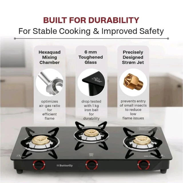 Butterfly Smart 3 Burner Glass Top Gas Stove | Manual Ignition | Scratch Resistant Toughened Glass | Brass Burners | Skid-proof Legs | 1 Year Manufacturer's Warranty | Black