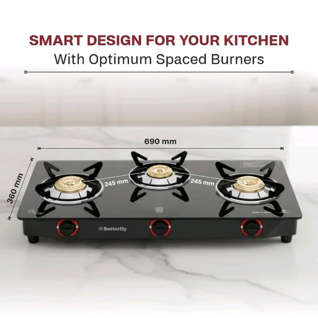 Butterfly Smart 3 Burner Glass Top Gas Stove | Manual Ignition | Scratch Resistant Toughened Glass | Brass Burners | Skid-proof Legs | 1 Year Manufacturer's Warranty | Black