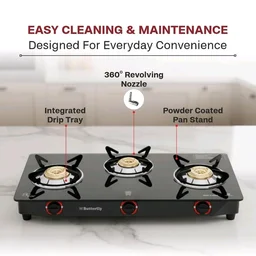 Butterfly Smart 3 Burner Glass Top Gas Stove | Manual Ignition | Scratch Resistant Toughened Glass | Brass Burners | Skid-proof Legs | 1 Year Manufacturer's Warranty | Black