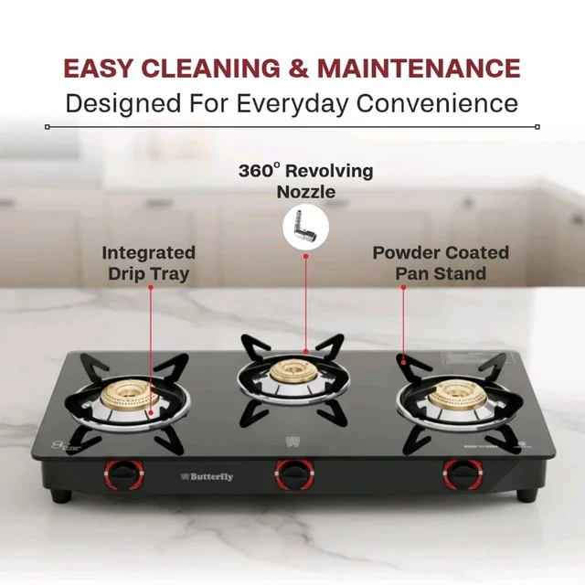 Butterfly Smart 3 Burner Glass Top Gas Stove | Manual Ignition | Scratch Resistant Toughened Glass | Brass Burners | Skid-proof Legs | 1 Year Manufacturer's Warranty | Black