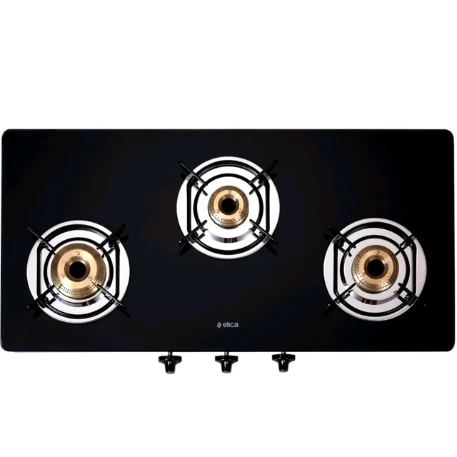 Elica 3 Burner Gas Stove with Toughened Glass Top | 773 CT DT VETRO | Double Drip Tray | Jumbo, Medium & Small Brass Burners | 7-Year Glass Warranty | Black