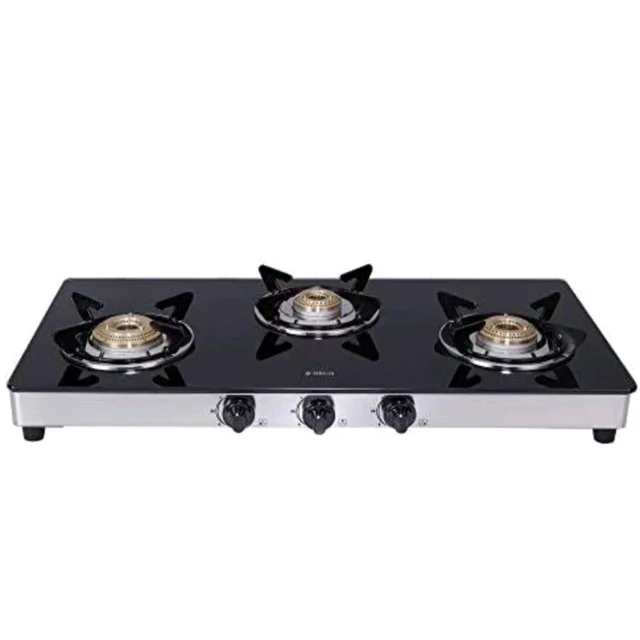 Elica 3 Burner Gas Stove with Toughened Glass Top | 773 CT DT VETRO | Double Drip Tray | Jumbo, Medium & Small Brass Burners | 7-Year Glass Warranty | Black