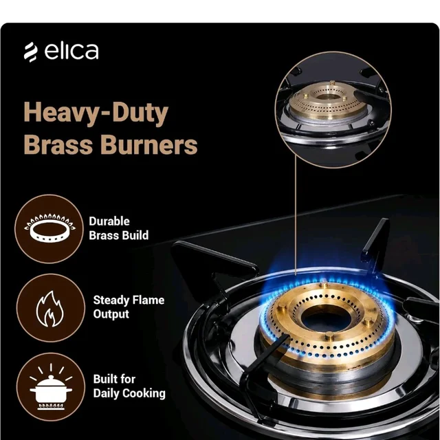 Elica 3 Burner Gas Stove with Toughened Glass Top | 773 CT DT VETRO | Double Drip Tray | Jumbo, Medium & Small Brass Burners | 7-Year Glass Warranty | Black