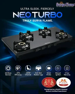 Surya Flame Future Gas Stove 4 Burners Glass Top | 5 Years Warranty | 4 Burner Stove, 4 Burner Gas Stove Glass Top, 5G Brass Burners with Jumbo Burner, Flame Guard Pan Support & Metal knobs