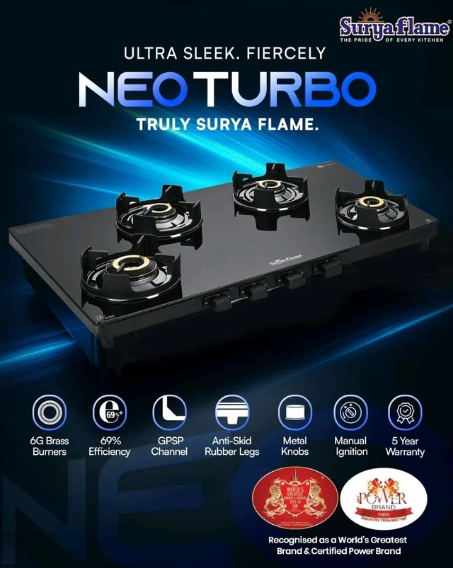 Surya Flame Future Gas Stove 4 Burners Glass Top | 5 Years Warranty | 4 Burner Stove, 4 Burner Gas Stove Glass Top, 5G Brass Burners with Jumbo Burner, Flame Guard Pan Support & Metal knobs