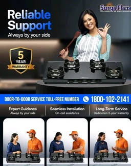Surya Flame Future Gas Stove 4 Burners Glass Top | 5 Years Warranty | 4 Burner Stove, 4 Burner Gas Stove Glass Top, 5G Brass Burners with Jumbo Burner, Flame Guard Pan Support & Metal knobs