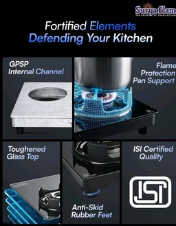 Surya Flame Future Gas Stove 4 Burners Glass Top | 5 Years Warranty | 4 Burner Stove, 4 Burner Gas Stove Glass Top, 5G Brass Burners with Jumbo Burner, Flame Guard Pan Support & Metal knobs