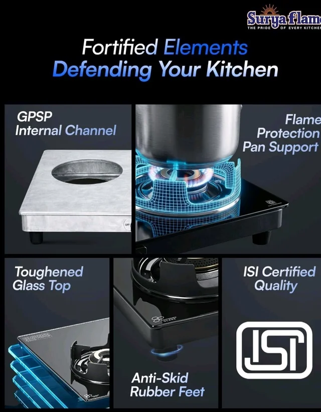 Surya Flame Future Gas Stove 4 Burners Glass Top | 5 Years Warranty | 4 Burner Stove, 4 Burner Gas Stove Glass Top, 5G Brass Burners with Jumbo Burner, Flame Guard Pan Support & Metal knobs