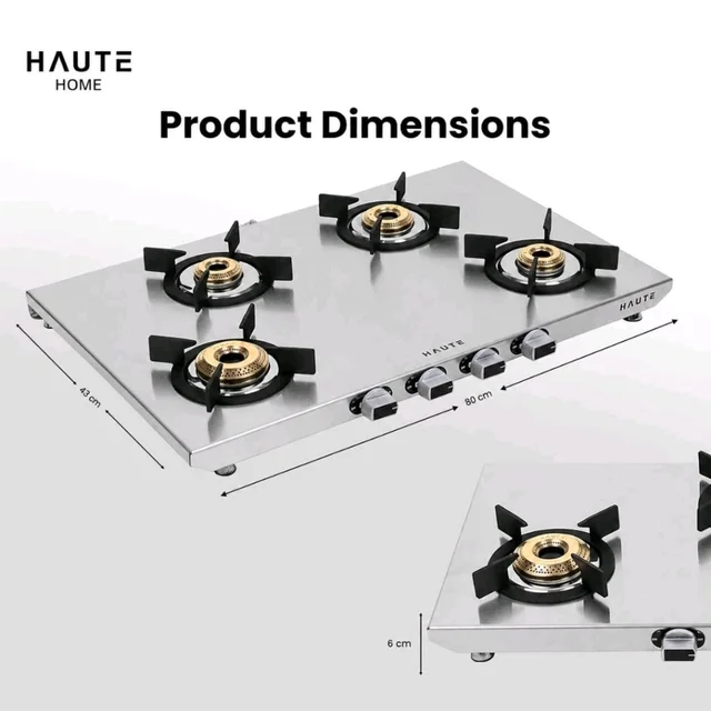 Haute Kitchen Essencia series 4Burner Manual Stove | 2MM thick Stainless Steel | 1 Jumbo 1 Medium 2 Small |Door Step Service | 10 year warranty By Haute Home