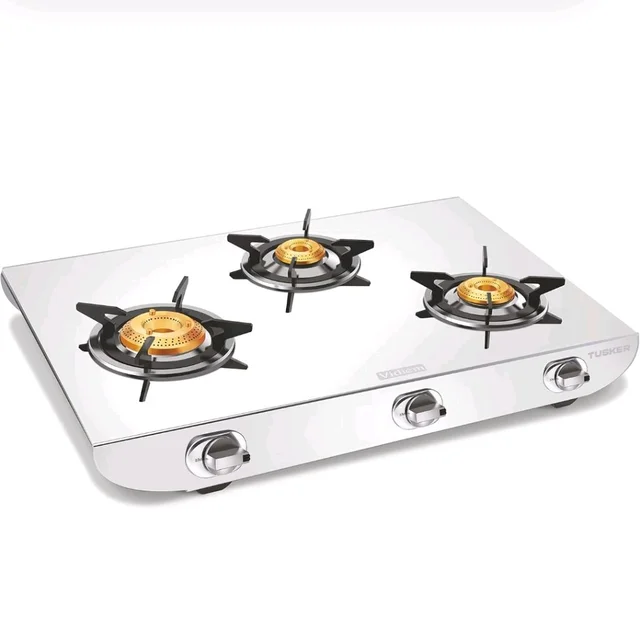 Vidiem Gas Stove S3 225 A Tusker (Silver) | Stainless Steel 3 Burner Gas Stove | Manual Ignition | Safety, Reliability, High Efficiency | ISI Certified | 5 years warranty