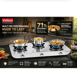 Vidiem Gas Stove S3 225 A Tusker (Silver) | Stainless Steel 3 Burner Gas Stove | Manual Ignition | Safety, Reliability, High Efficiency | ISI Certified | 5 years warranty