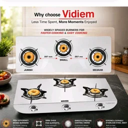 Vidiem Gas Stove S3 225 A Tusker (Silver) | Stainless Steel 3 Burner Gas Stove | Manual Ignition | Safety, Reliability, High Efficiency | ISI Certified | 5 years warranty