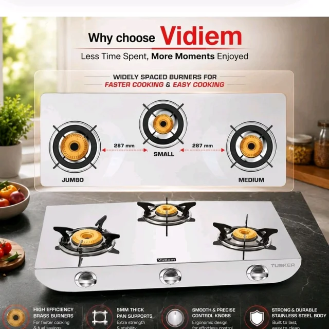 Vidiem Gas Stove S3 225 A Tusker (Silver) | Stainless Steel 3 Burner Gas Stove | Manual Ignition | Safety, Reliability, High Efficiency | ISI Certified | 5 years warranty