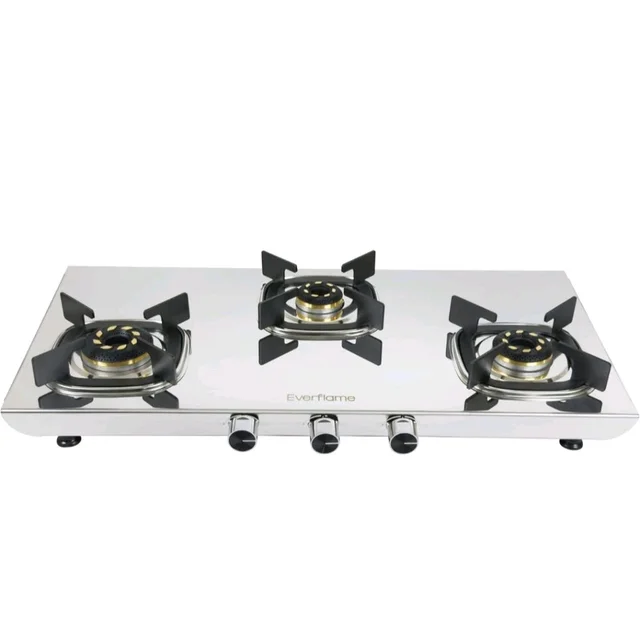 Everflame Photon 3 Burner Gas Stove | 2mm Thick Steel Body | ISI Certified Cooktop | Forged Brass Burners | 5 Years Warranty on Body & Burners + Doorstep Service -
