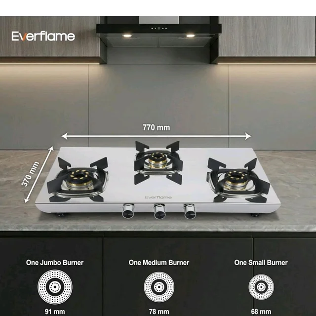 Everflame Photon 3 Burner Gas Stove | 2mm Thick Steel Body | ISI Certified Cooktop | Forged Brass Burners | 5 Years Warranty on Body & Burners + Doorstep Service -