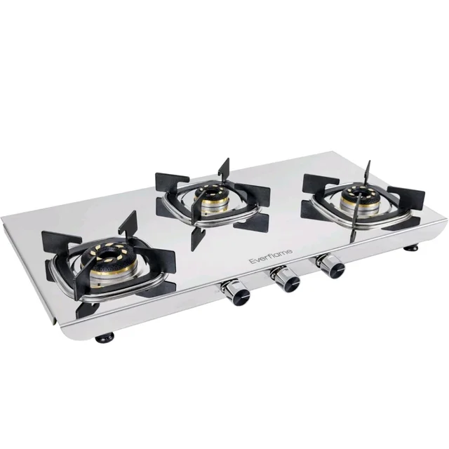 Everflame Photon 3 Burner Gas Stove | 2mm Thick Steel Body | ISI Certified Cooktop | Forged Brass Burners | 5 Years Warranty on Body & Burners + Doorstep Service -