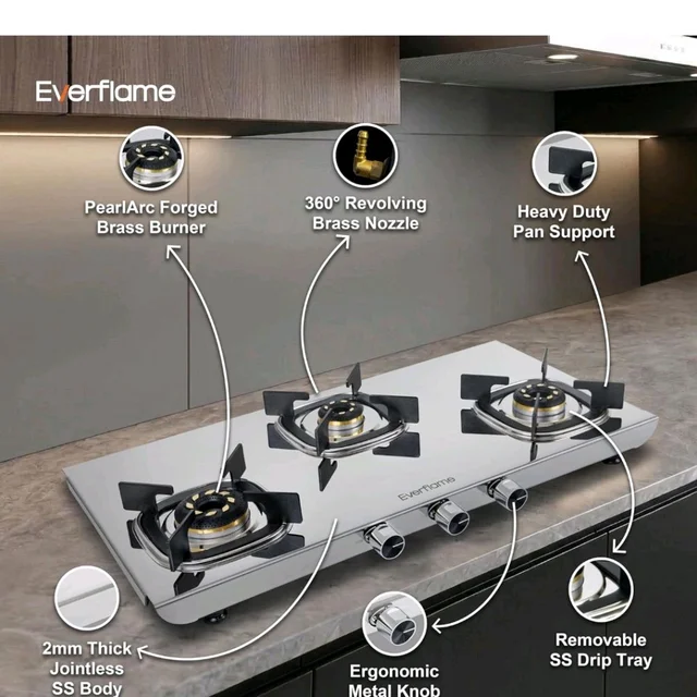 Everflame Photon 3 Burner Gas Stove | 2mm Thick Steel Body | ISI Certified Cooktop | Forged Brass Burners | 5 Years Warranty on Body & Burners + Doorstep Service -