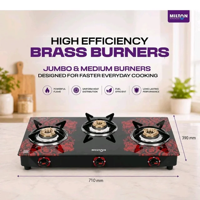 MILTON Premium Red Manual Ignition Glass Top Gas Stove,1-Year Manufacturer's Warranty (ISI Certified) (3 Burner)
Amazon's Choice