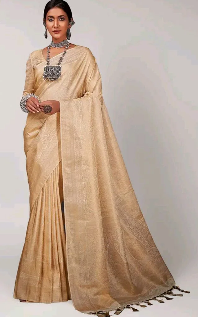 Vardha Women's Kanchipuram Art Silk Saree with Unstitched Blouse Piece - Gold Zari Woven Work Sarees for Wedding