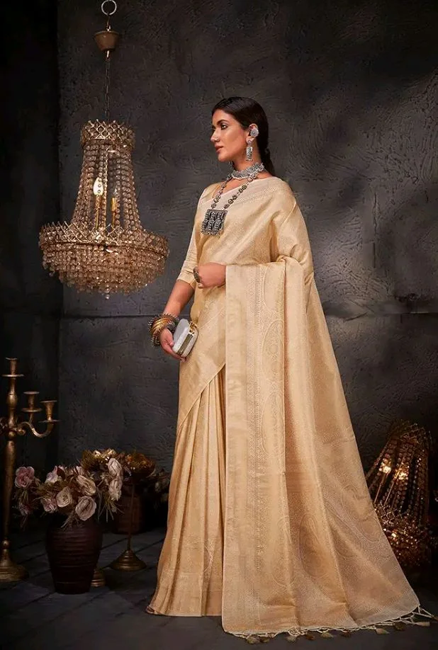 Vardha Women's Kanchipuram Art Silk Saree with Unstitched Blouse Piece - Gold Zari Woven Work Sarees for Wedding