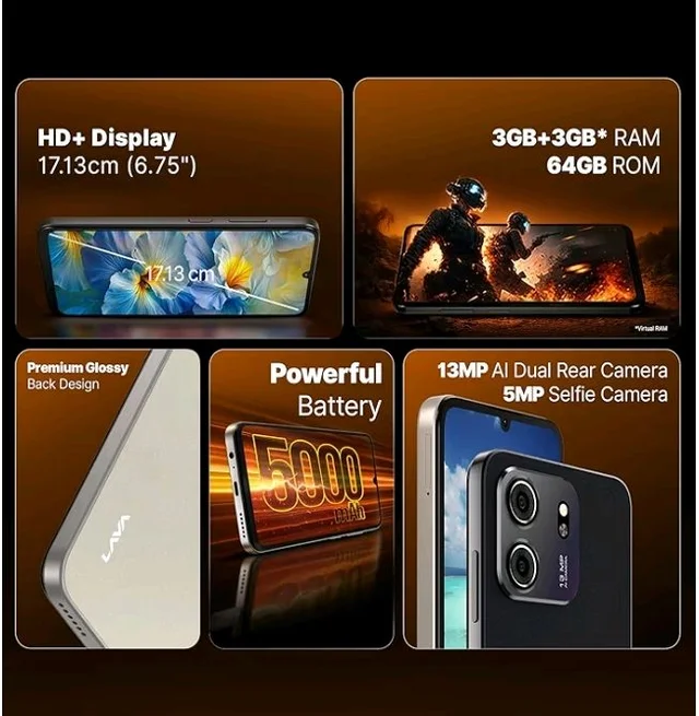 Lava Bold N2 Lite (Kolar Gold, 3 GB RAM, 64 GB Storage) | 6.75" HD+ Display | 13MP AI Dual Rear Camera | 5000 mAh Battery | Secure Face Unlock | Fingerprint Reader | Charger & Phone-Cover in Box - kolar Gold