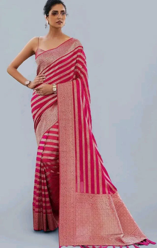 Vardha Women's Banarasi Georgette Saree with Unstitched Blouse Piece - Gold Zari Woven Work Sarees for Wedding (Vritika)