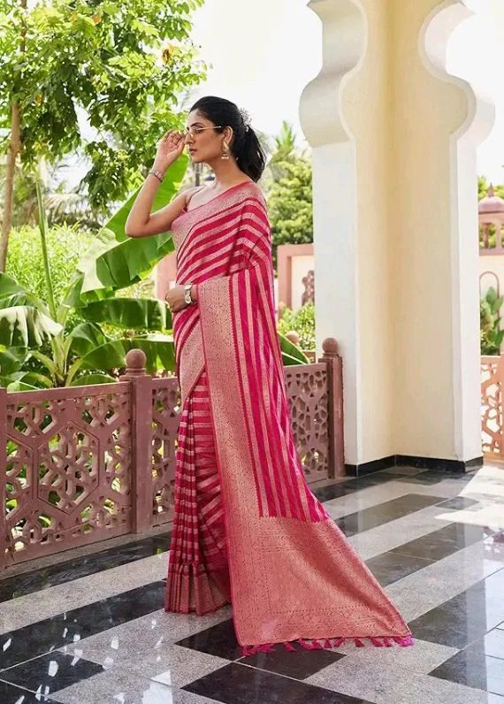 Vardha Women's Banarasi Georgette Saree with Unstitched Blouse Piece - Gold Zari Woven Work Sarees for Wedding (Vritika)