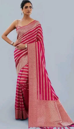 Vardha Women's Banarasi Georgette Saree with Unstitched Blouse Piece - Gold Zari Woven Work Sarees for Wedding (Vritika)