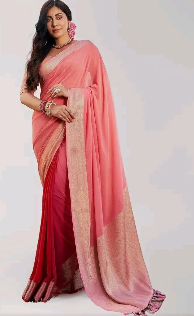 Vardha Women's Pure Georgette Saree with Plain Weave and Unstitched Matching Blouse Piece | Sari for Women