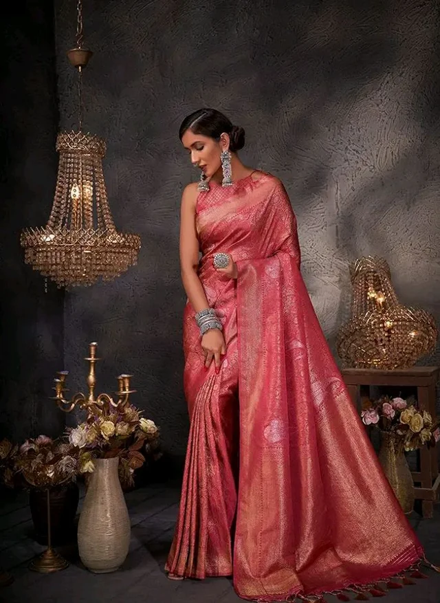 Vardha Women's Kanchipuram Art Silk Saree with Unstitched Blouse Piece - Gold Copper Silver Zari Woven Work Sarees for Wedding