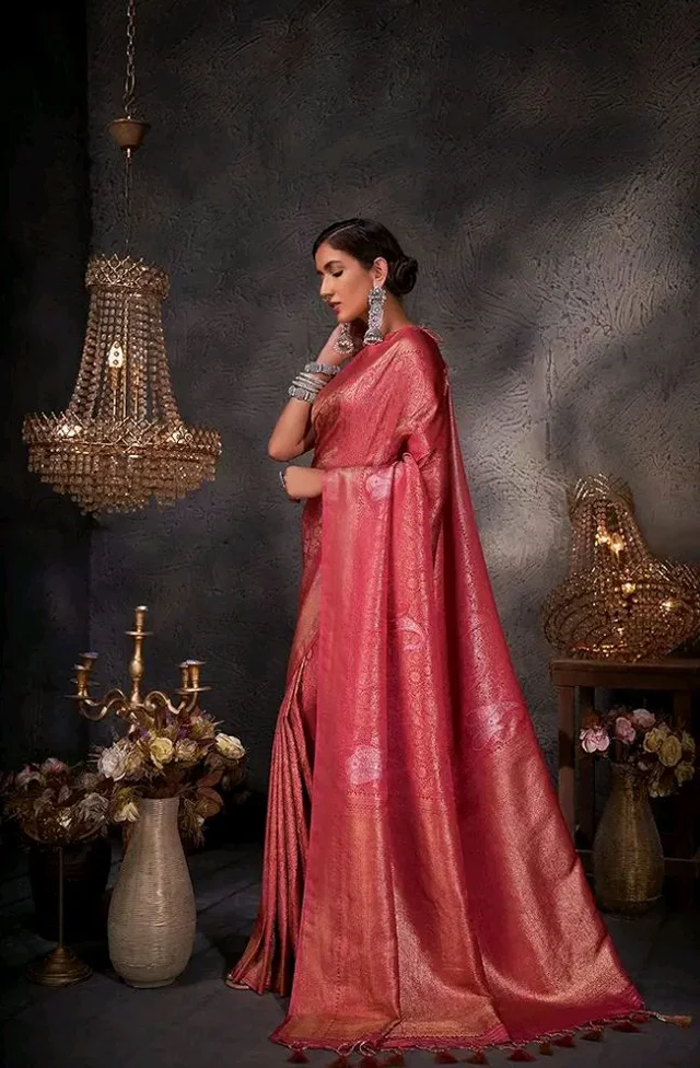Vardha Women's Kanchipuram Art Silk Saree with Unstitched Blouse Piece - Gold Copper Silver Zari Woven Work Sarees for Wedding