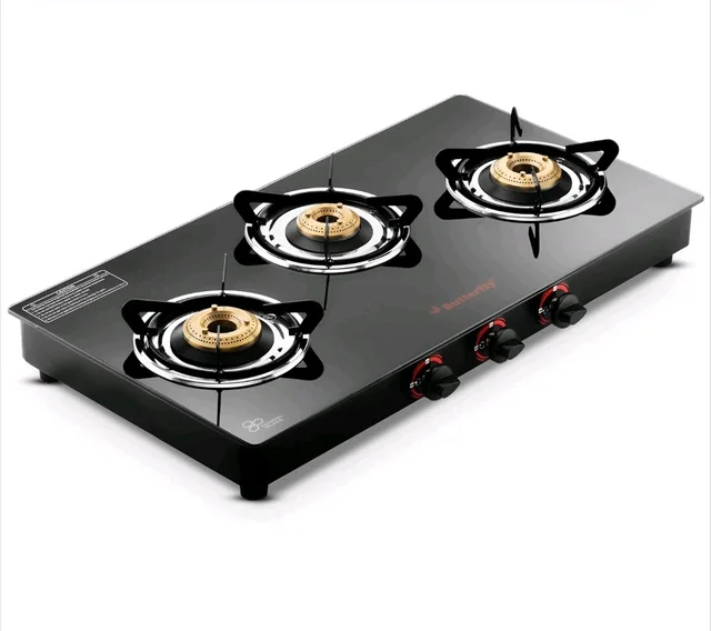 Butterfly Rapid 3 Burner Glass Top Gas Stove | Auto Ignition | Scratch Resistant Toughened Glass | Brass Burners | Skid-proof Legs | 1 Year Manufacturer's Warranty | Black