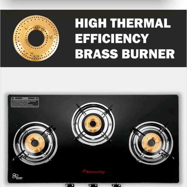 Butterfly Rapid 3 Burner Glass Top Gas Stove | Auto Ignition | Scratch Resistant Toughened Glass | Brass Burners | Skid-proof Legs | 1 Year Manufacturer's Warranty | Black