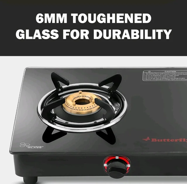 Butterfly Rapid 3 Burner Glass Top Gas Stove | Auto Ignition | Scratch Resistant Toughened Glass | Brass Burners | Skid-proof Legs | 1 Year Manufacturer's Warranty | Black