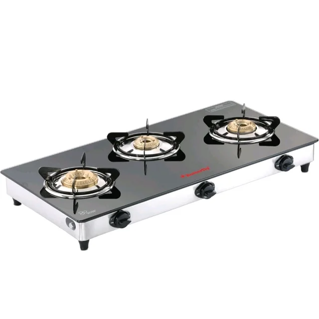 Butterfly Radiant Jumbo 3 Burner Glass Top Gas Stove | Tri-pin Brass Burners | 6mm Toughened Glass | Detachable Spill Tray | Enamel Pan Supports | Rust free SS Frame| 2 Year Warranty| Manual Ignition