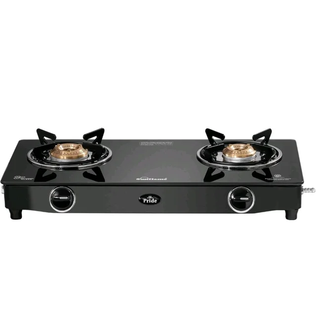 Sunflame Pride Gas Stove 2 Burners Glass Top 60 cm Wide | 1 Medium & 1 Small Brass Burners Gas Stove | 2-Years Product Coverage by Sunflame | Ergonomic Knobs | Easy to Maintain | Toughened Glass Top
