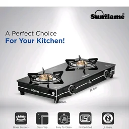Sunflame Pride Gas Stove 2 Burners Glass Top 60 cm Wide | 1 Medium & 1 Small Brass Burners Gas Stove | 2-Years Product Coverage by Sunflame | Ergonomic Knobs | Easy to Maintain | Toughened Glass Top