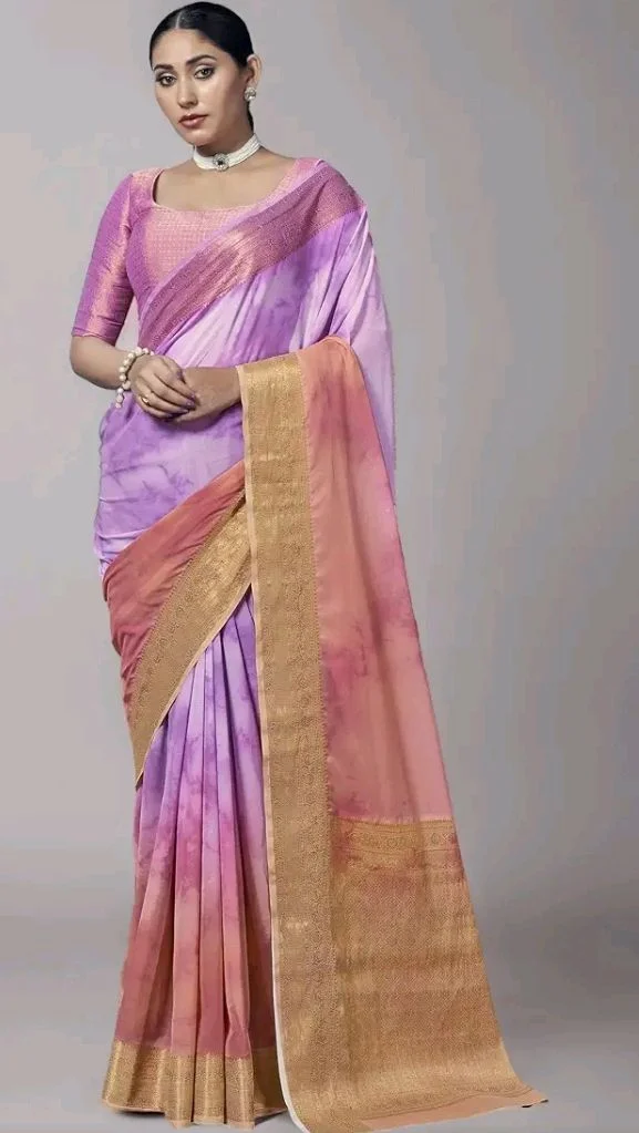 Vardha Women's Pure Georgette Banarasi Saree with Blouse Piece Woven Design Print With Zari Work (Purple) | Premium Design | Comfortable Fit | Ideal for Festive, Casual, or Daily Wear | Stylish